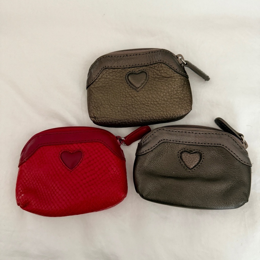 Heart Accent Leather Coin Pouches - Red and Brown